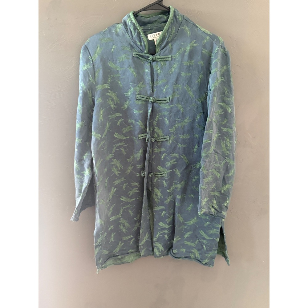 Citron Santa Monica Vintage Y2k Silk Dragonfly Mandarin Jacket Teal Green Frog M - Picture 2 of 9